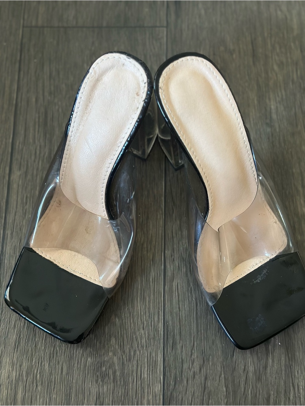 Transparent Mule Heels with Black Square Toe